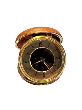 Vintage gold & black Elgin wind-up travel alarm clock, round face w/case